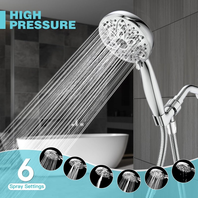 JDO 6-Setting Shower Head with Handheld, High Pressure Hand held Shower Head, 4.7 Inch Chrome Detachable Showerhead Set with 59 Inch Stainless Steel Hose and Adjustable Showerhead Holder - Image 2